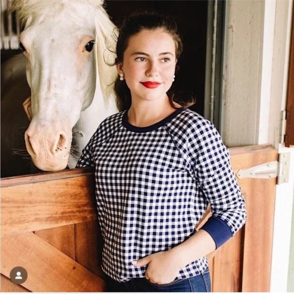 Draper James Womens Sweatshirt Natalie Navy Blue White Gingham Checked plus size